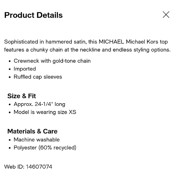 MICHAEL Michael Kors | Ruffle Cap Sleeve Chain Collar Satin Top - Picture 5 of 5